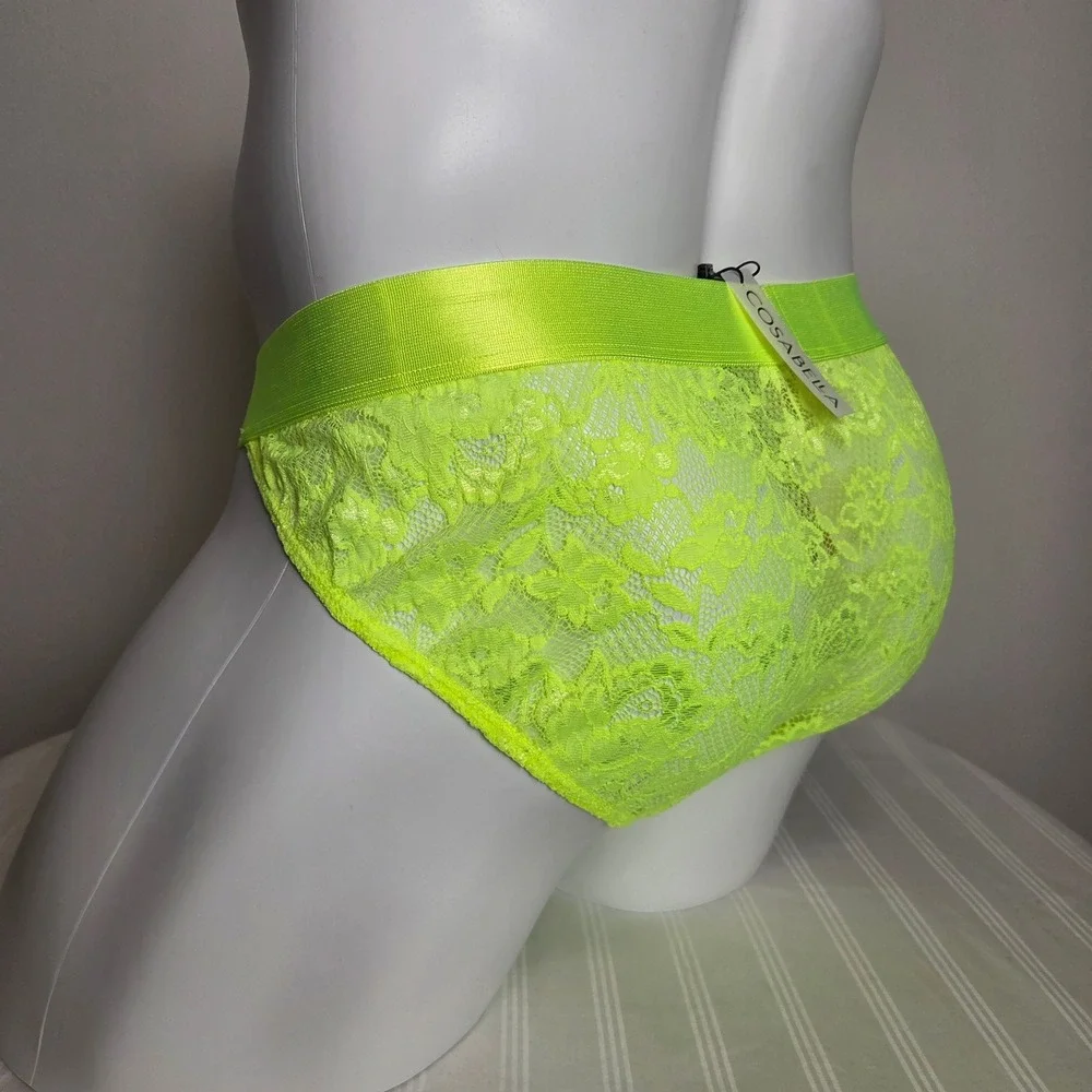 Cosabella Mens Hottie Mid Rise Lace Brief Neon Yellow Soft Stretch Full Coverage